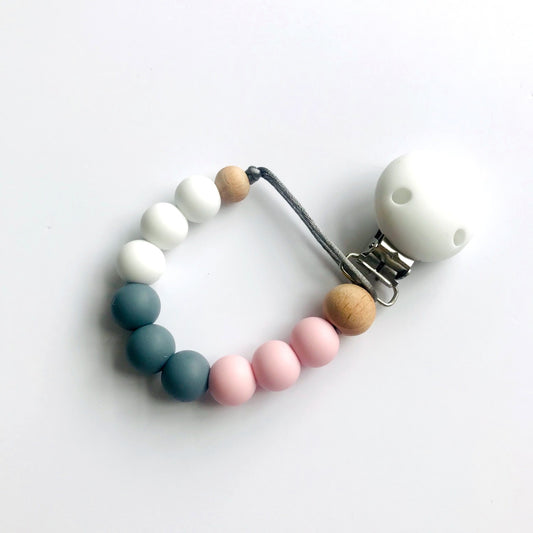 Mama Knows Pink, Grey & White Silicone Dummy Clip - BPA Free, Food Grade Silicone