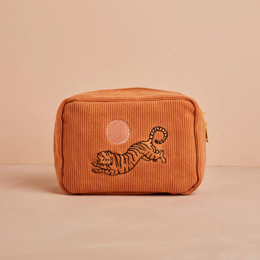 Cai & Jo Corduroy Tiger  Makeup Bag in Dusty Pink