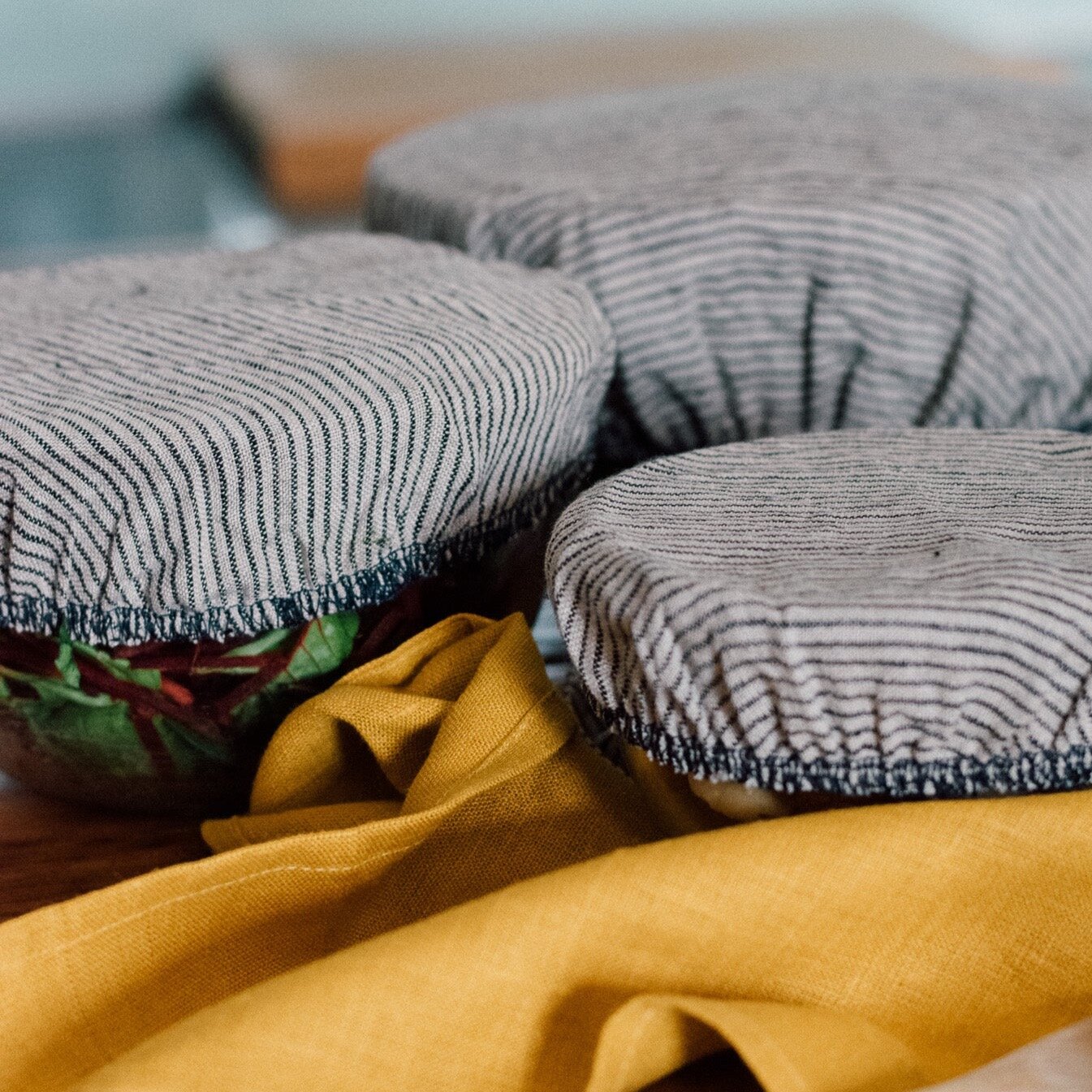 Helen Round Reusable Linen Bowl Covers - Dark Blue and Natural Stripes - Set of 3