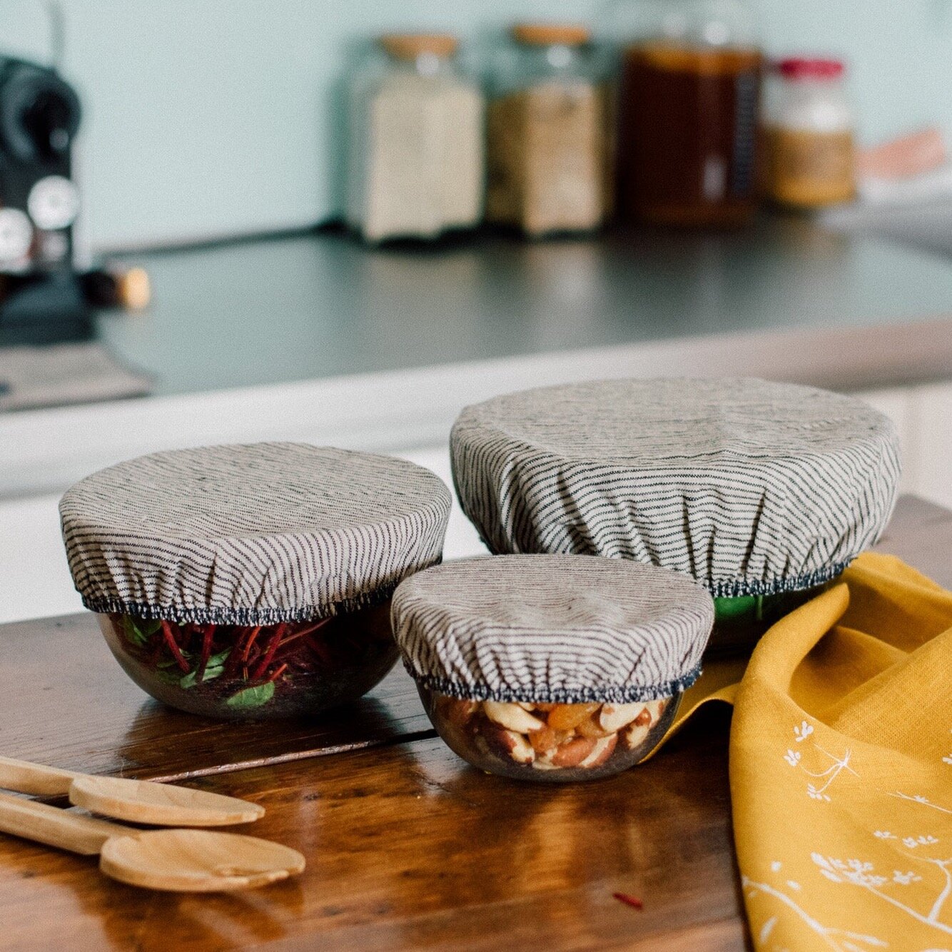 Helen Round Reusable Linen Bowl Covers - Dark Blue and Natural Stripes - Set of 3