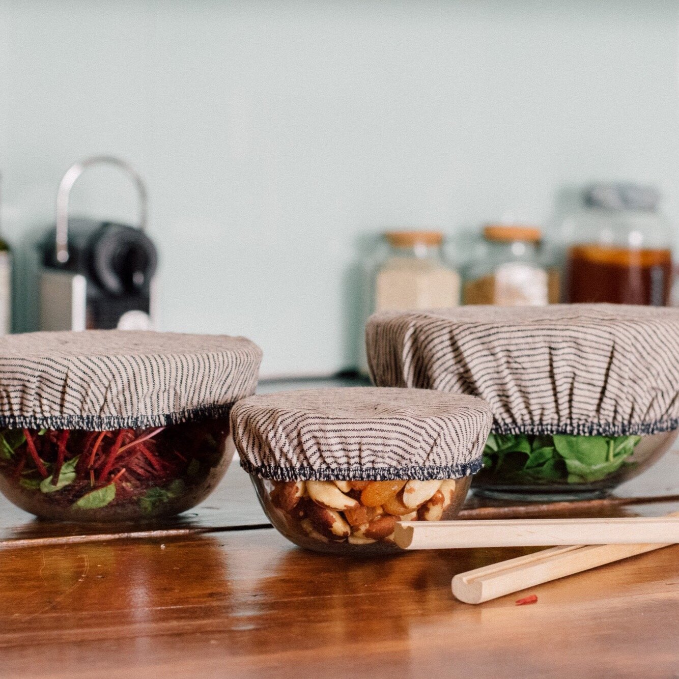 Helen Round Reusable Linen Bowl Covers - Dark Blue and Natural Stripes - Set of 3