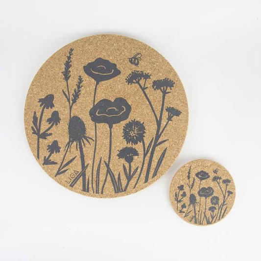 LIGA Organic Cork Coaster - Grey Wildflower Design