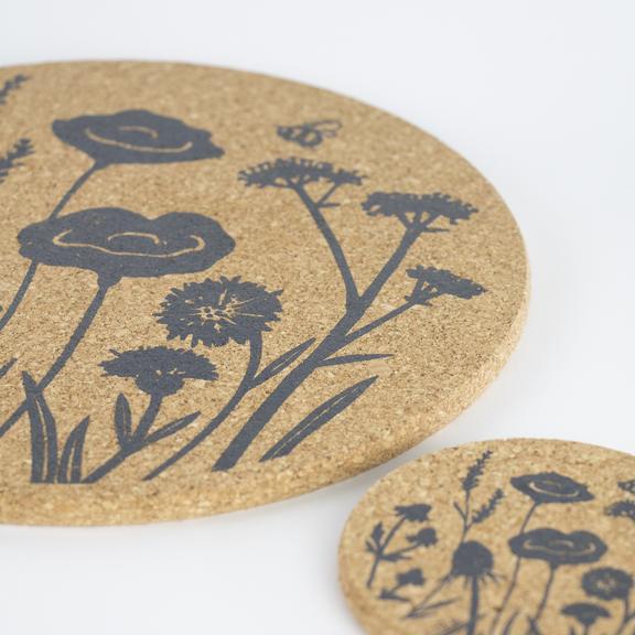 LIGA Organic Cork Coaster - Grey Wildflower Design
